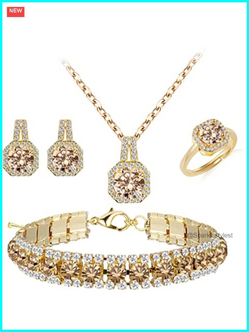 Gold Plated CZ Wedding Jewelry Set Necklace Earrings Bracelet Ring